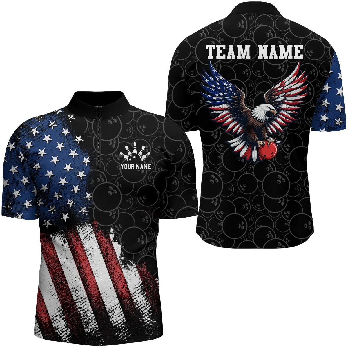 American Bowling Jersey Custom Bowling Shirt for Men Team Bowling Quarter-Zip, Flag Bowling Jersey