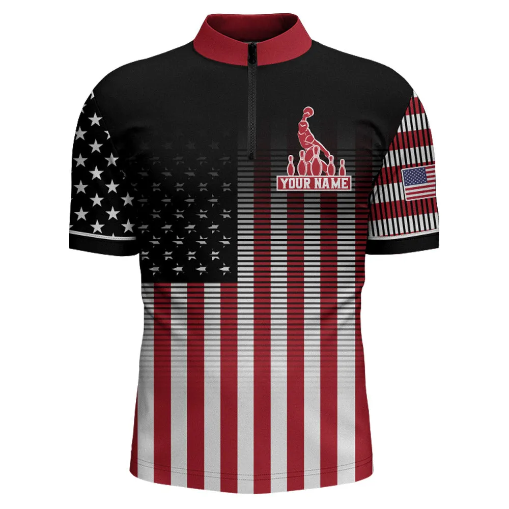 American Bowling Jersey Men Custom Black Bowling Quarter-Zip Shirt Team Patriot Bowling Shirt