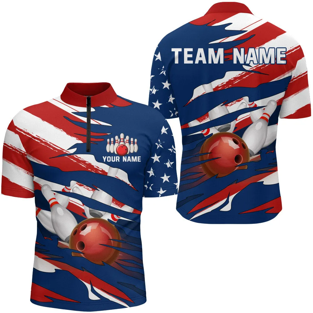 American Flag Bowling Quarter-Zip Shirt Custom Bowling Jersey for Men Bowling Team League