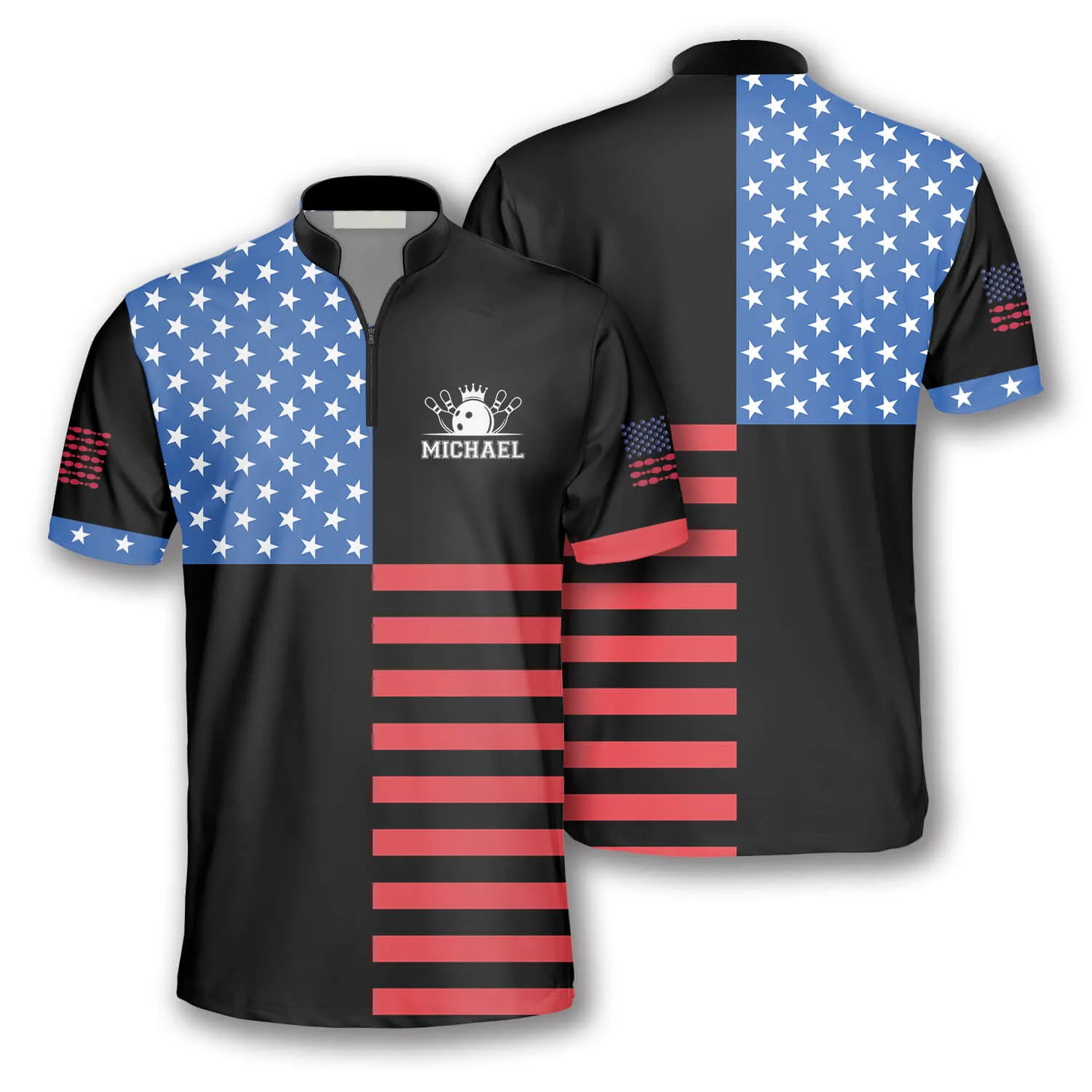 American Flag Crown Emblem Custom Bowling Jerseys for Men, Idea Gift for Bowler, Flag Shirt