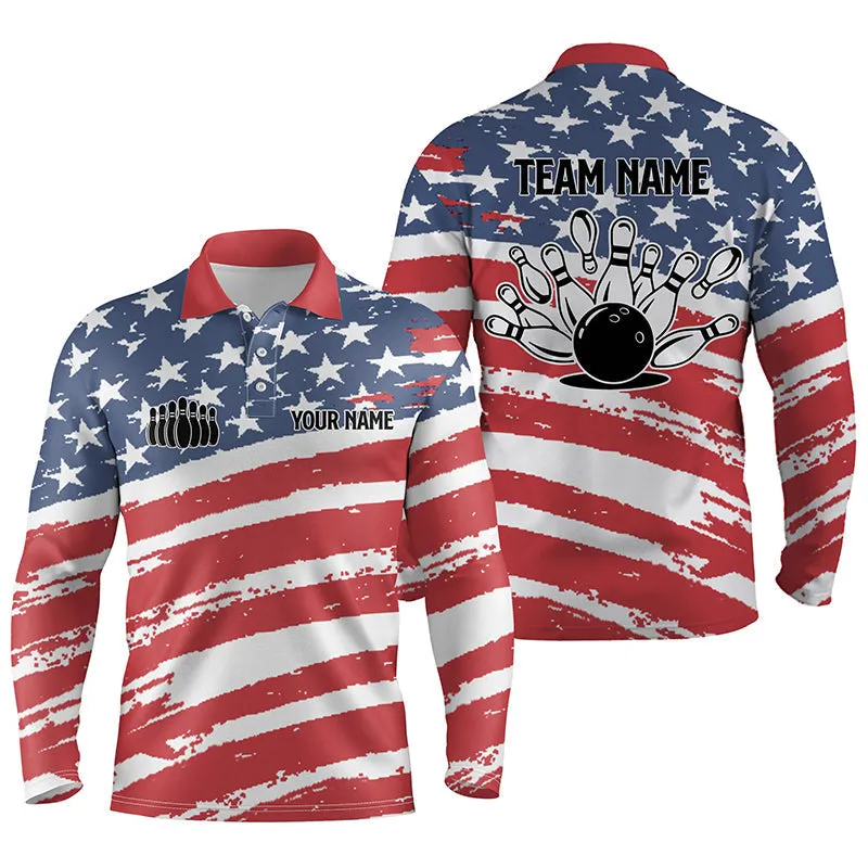 American Flag Patriotic Black Bowling Pattern Custom Bowling Long Sleeve Polo Shirts For Men, Team Bowling Jerseys