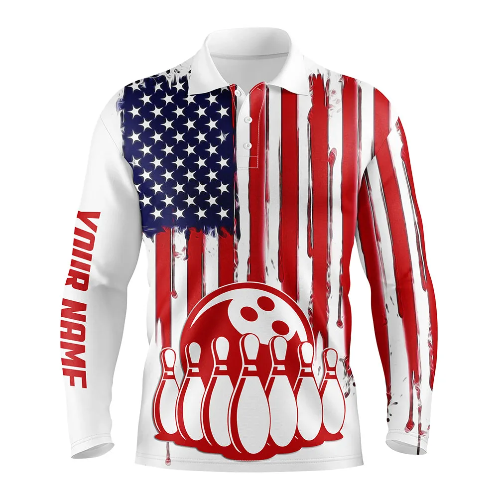 American Flag Patriotic Black Bowling Pattern Custom Bowling Long Sleeve Polo Shirts For Men, Team Bowling Jerseys