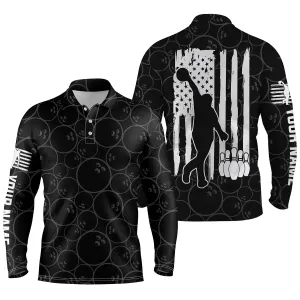 American Flag Patriotic Black Bowling Pattern Custom Bowling Long Sleeve Polo Shirts For Men, Team Bowling Jerseys