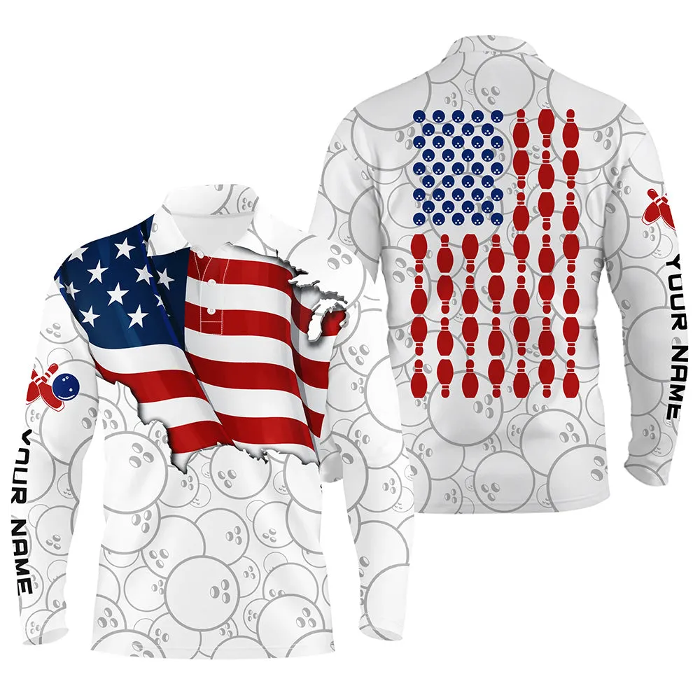 American Flag Patriotic Black Bowling Pattern Custom Bowling Long Sleeve Polo Shirts For Men, Team Bowling Jerseys