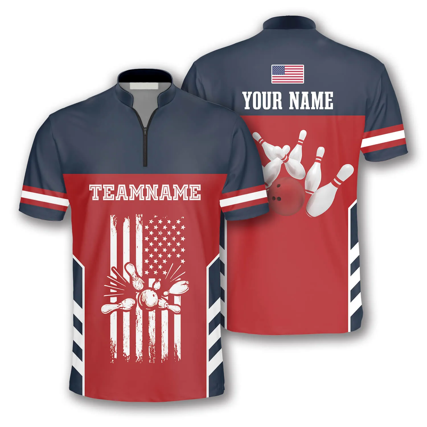 American Flag Red Navy Custom Bowling Jerseys for Men, Personalized Bowling Jersey Shirt, Flag Shirt