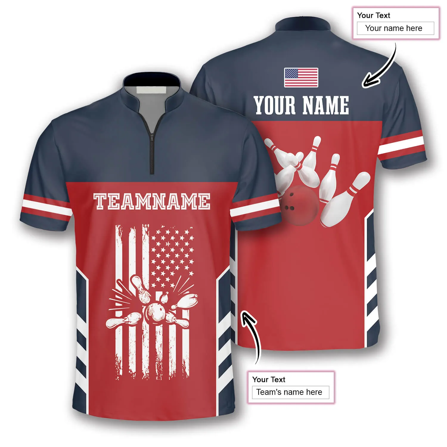 American Flag Red Navy Custom Bowling Jerseys for Men, Personalized Bowling Jersey Shirt, Flag Shirt