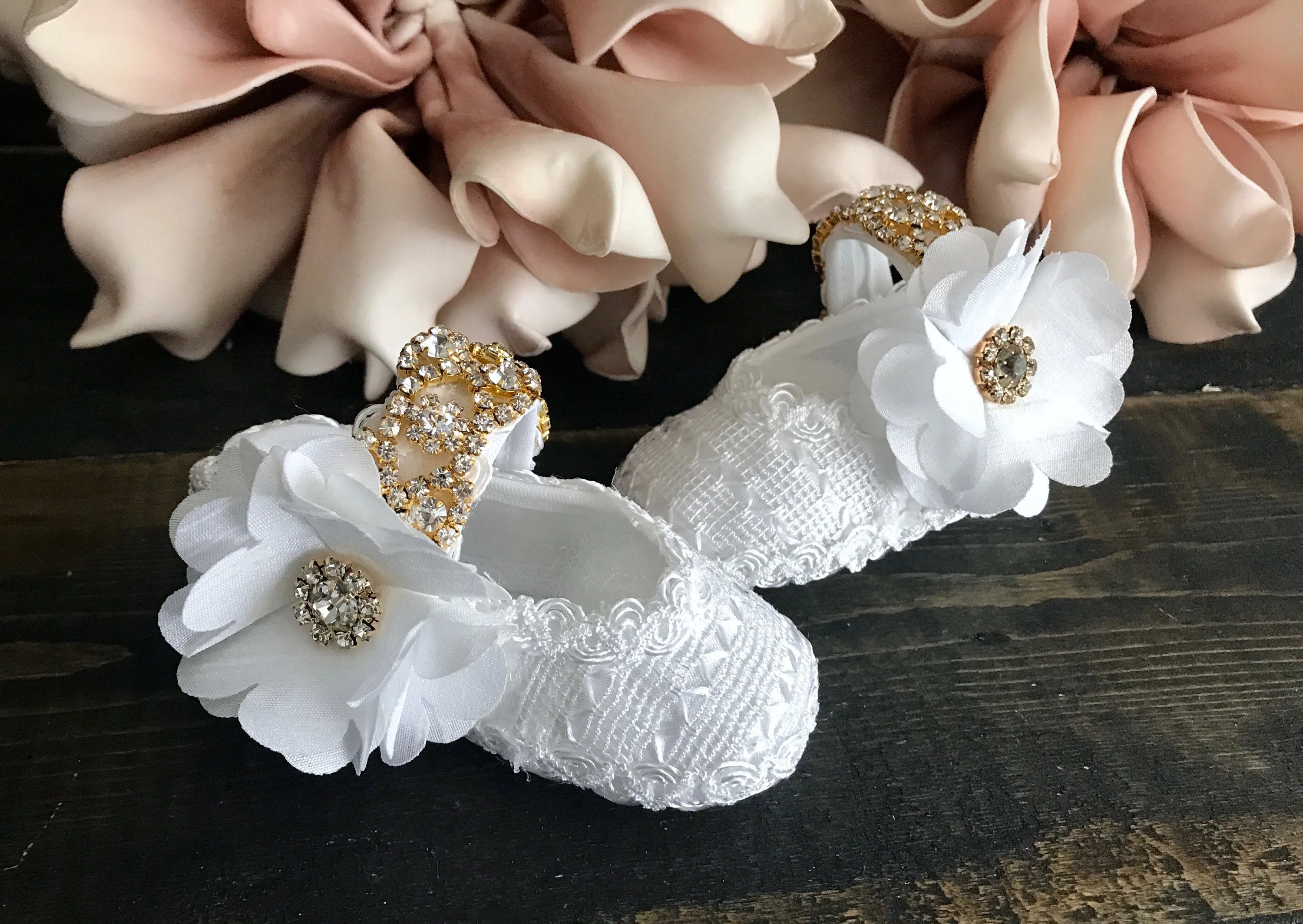 Baby girl baptism shoes white gold rhinestones, christening white shoes, gold baptism girl (Isabella)