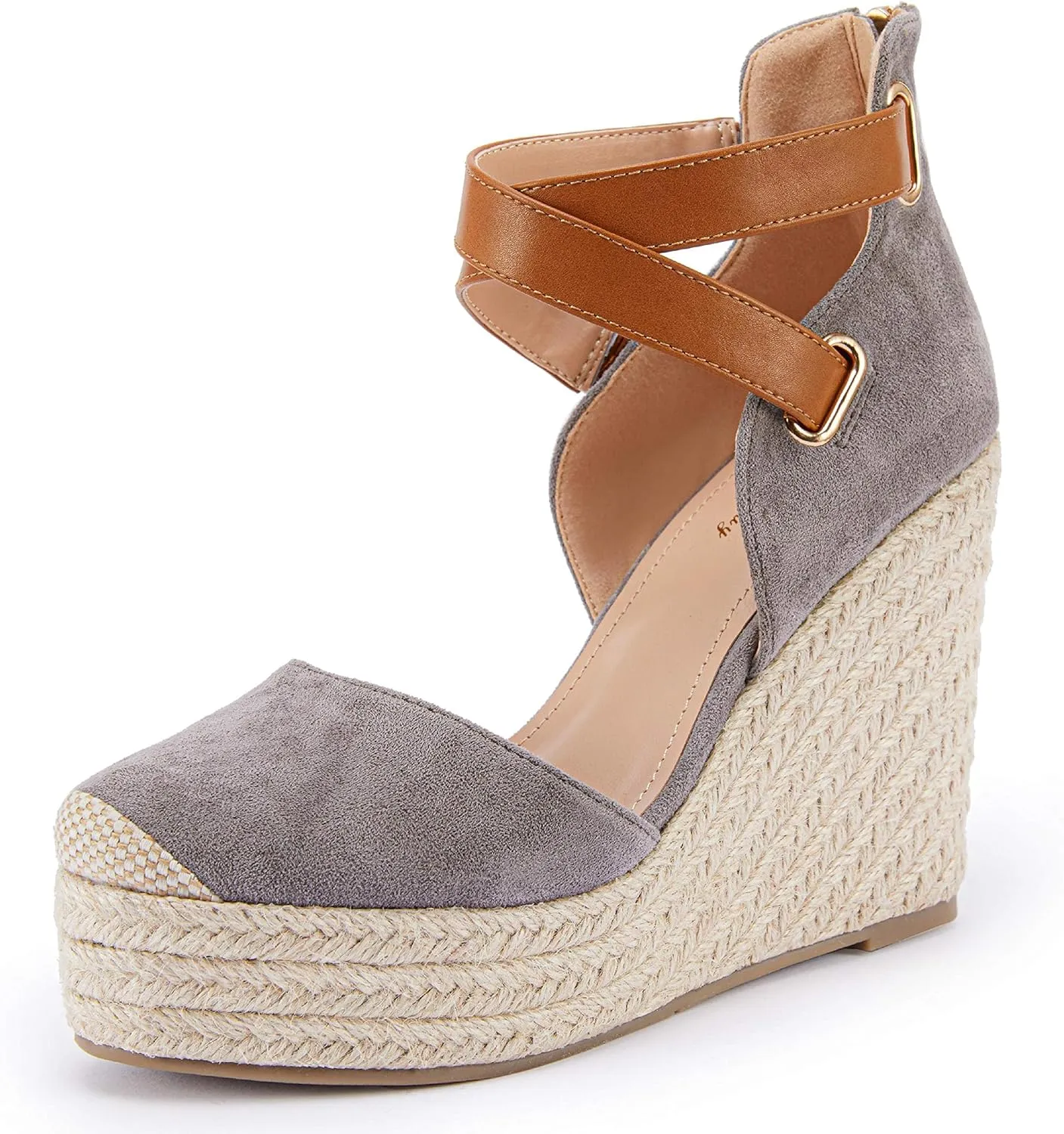 Beige Suede Wedge Ankle Strap Closed Toe Sandalse