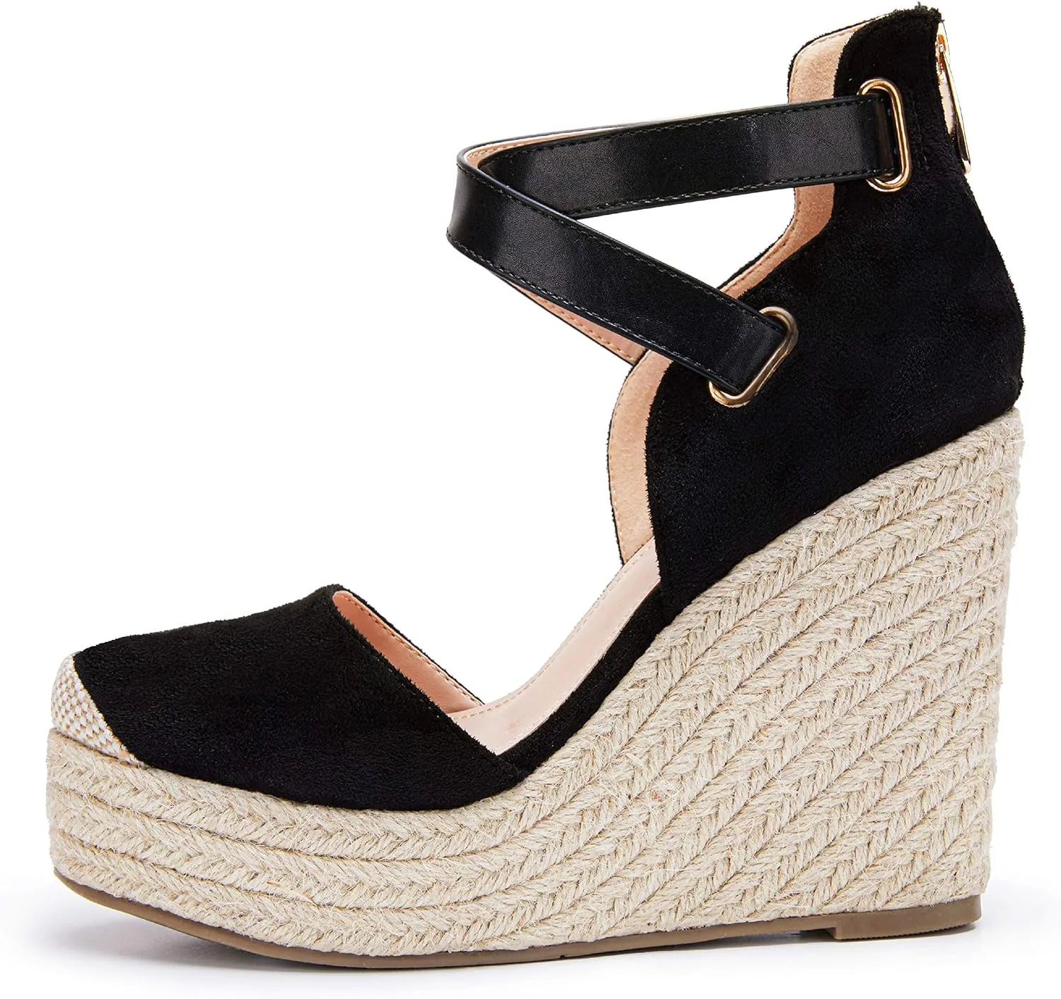 Beige Suede Wedge Ankle Strap Closed Toe Sandalse