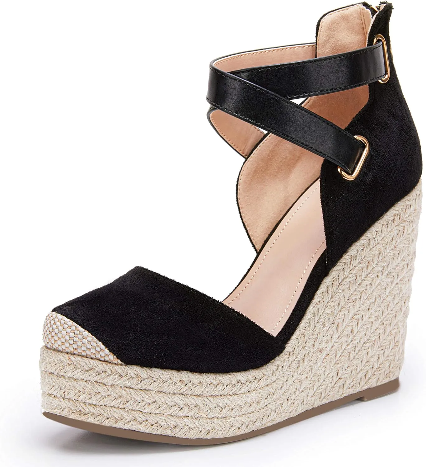 Beige Suede Wedge Ankle Strap Closed Toe Sandalse