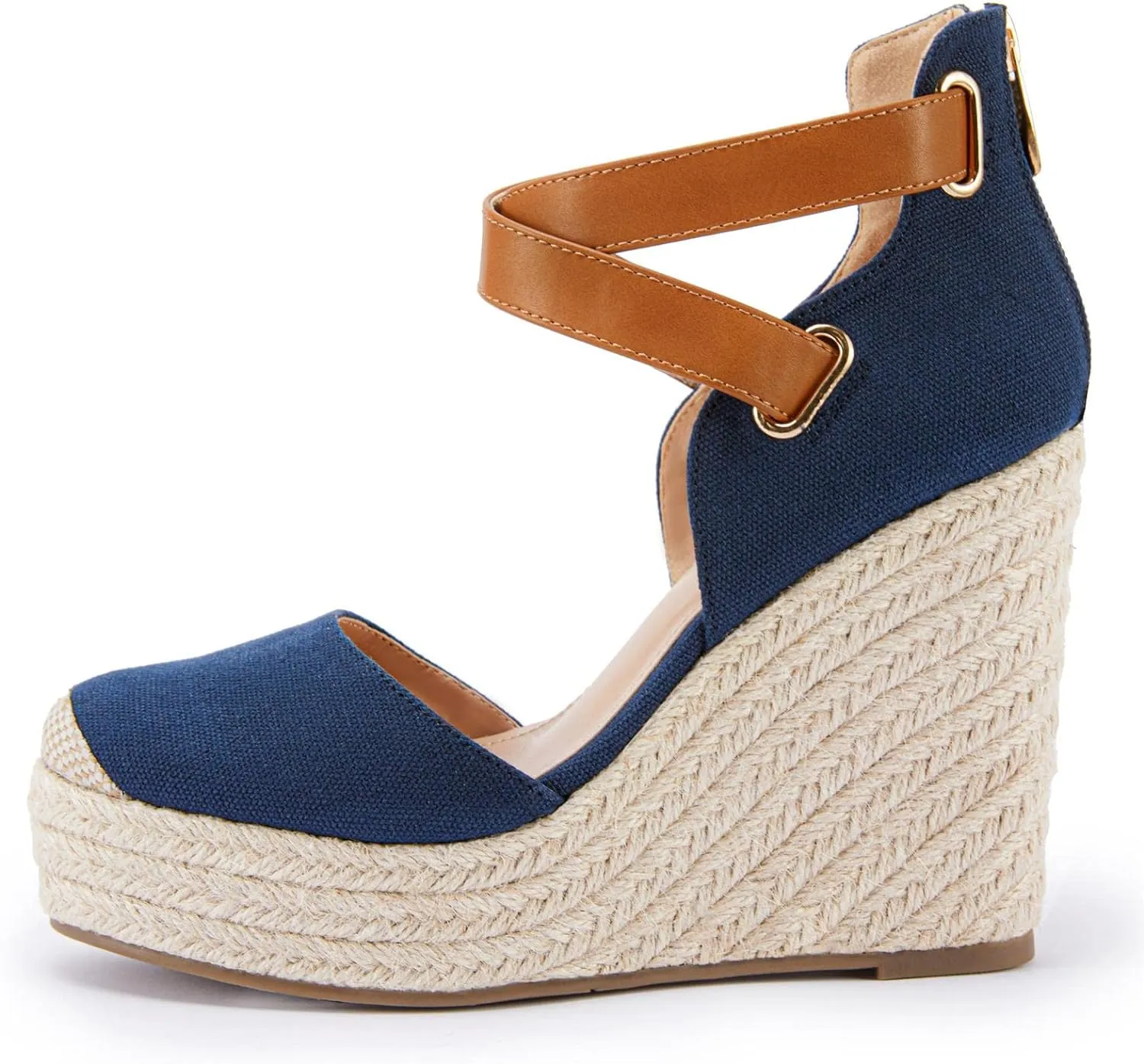 Beige Suede Wedge Ankle Strap Closed Toe Sandalse