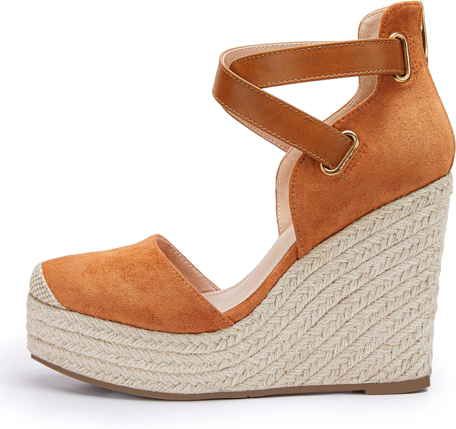 Beige Suede Wedge Ankle Strap Closed Toe Sandalse