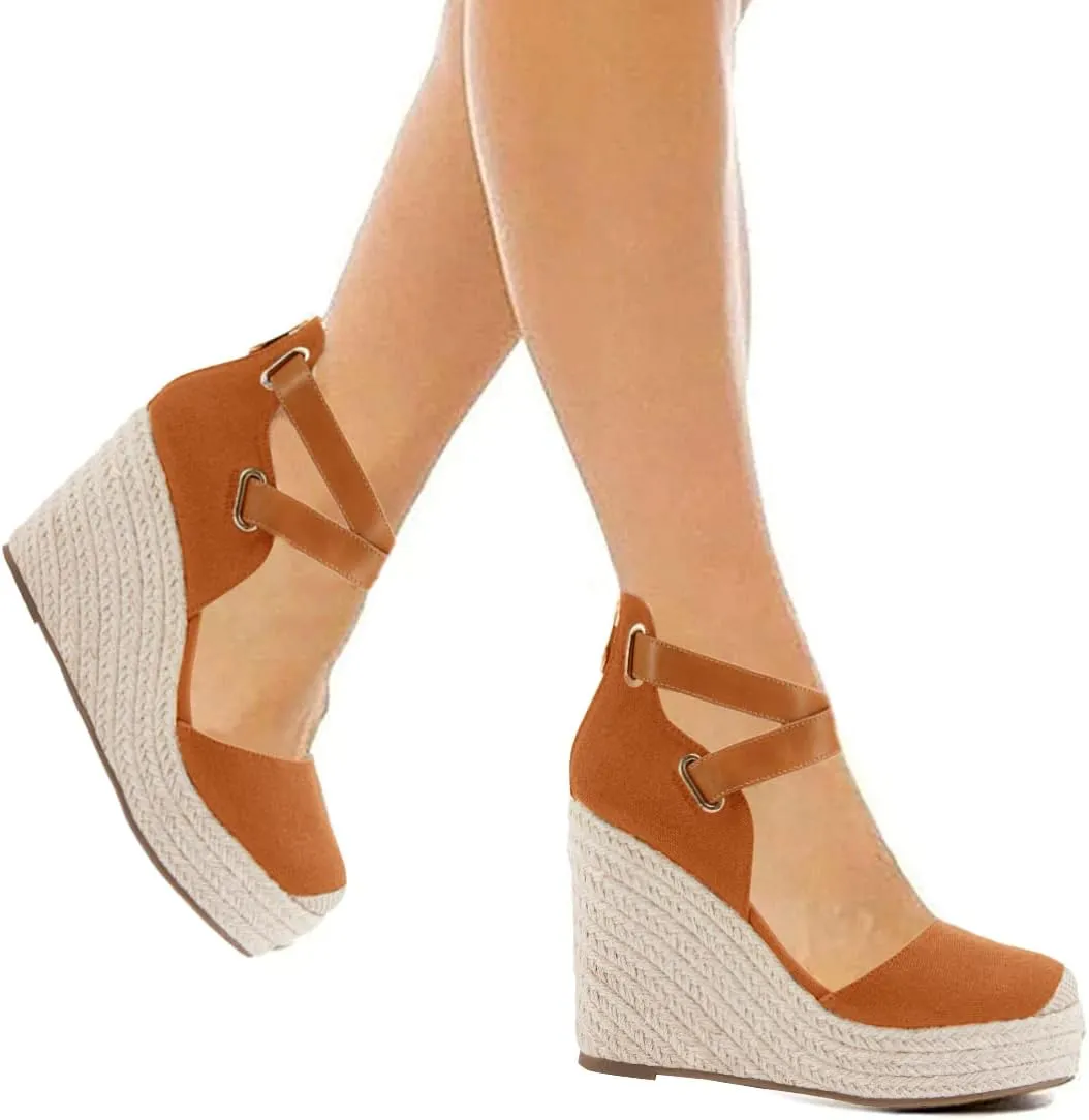 Beige Suede Wedge Ankle Strap Closed Toe Sandalse