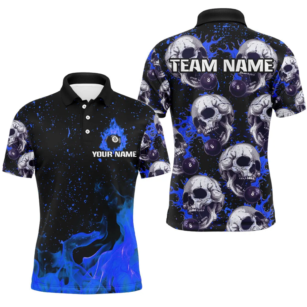 Billiard Blue Skull Fire 8 Ball Customized Name, Team Name 3D Polo Shirt For Men, Gift for Billiard Players