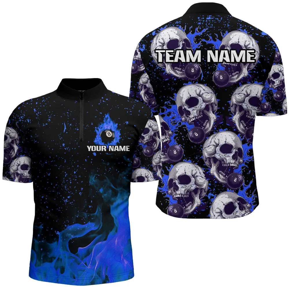 Billiard Blue Skull Fire 8 Ball Customized Name, Team Name 3D Polo Shirt For Men, Gift for Billiard Players