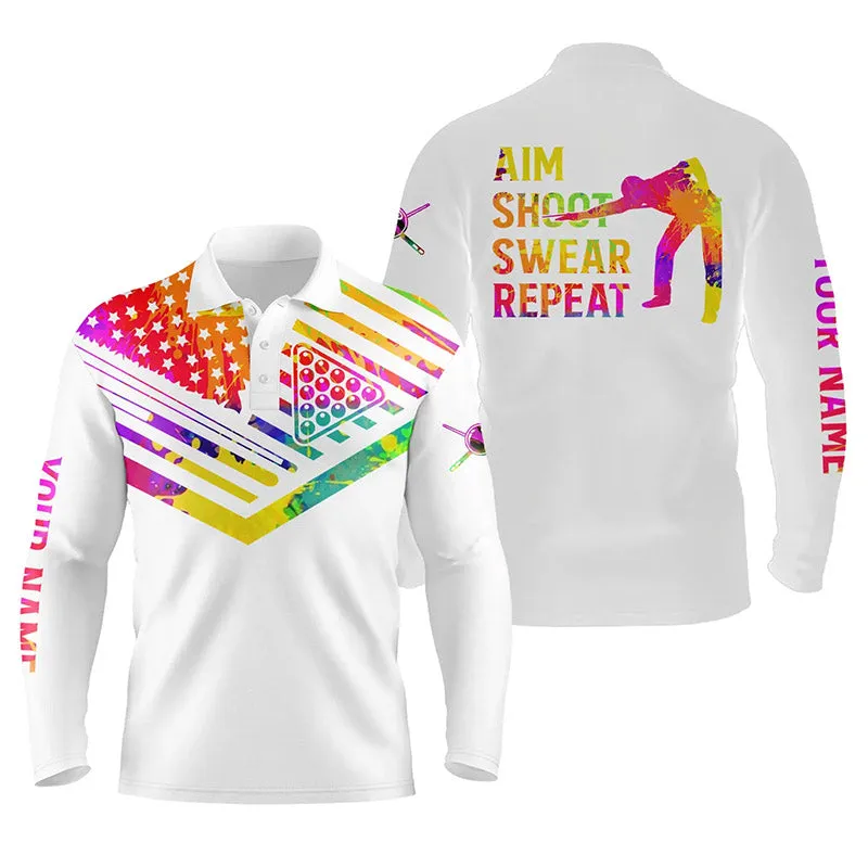 Billiards Polo Shirts For Men Watercolor American Flag Custom Name Aim Shoot Swear Repeat