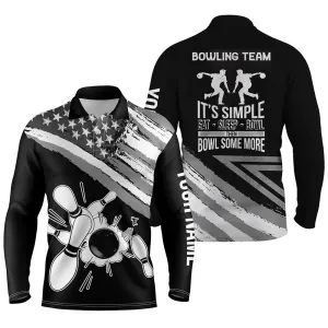 Black American Flag Retro Men's Bowling Long Sleeve Polo Shirt Custom Team Bowling Outfits Eat Sleep Bowl