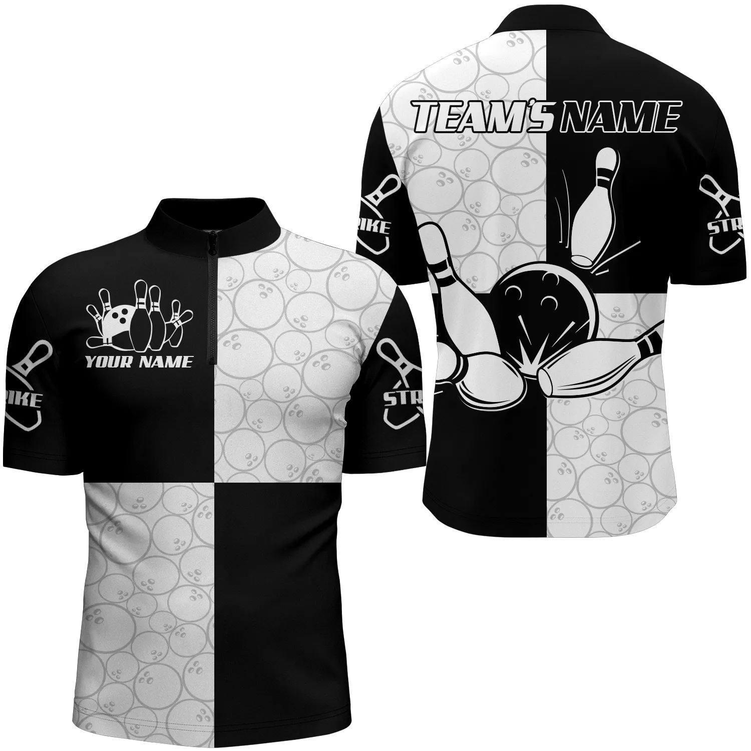 Black & White Bowling Shirt for Men Custom Bowling Team Jersey Bowling Quarter-zip Shirt