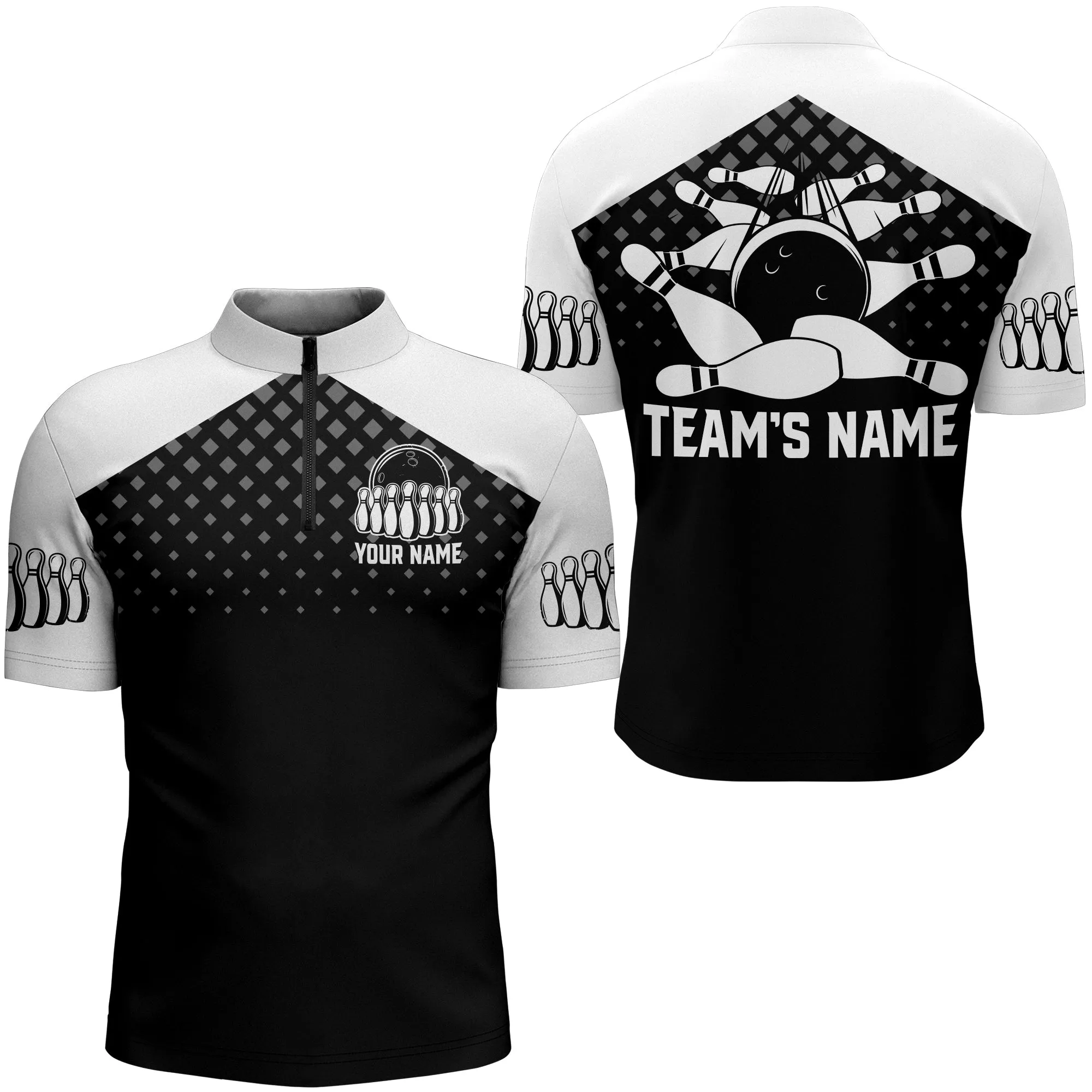 Black & White Bowling Shirt for Men Custom Bowling Team Jersey Bowling Quarter-zip Shirt