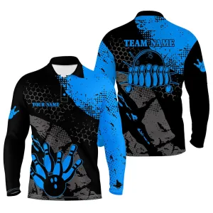 Black And Blue Mens Long Sleeve Polo Bowling Shirts Custom Retro Bowling Ball Pins Bowling Team League Jerseys