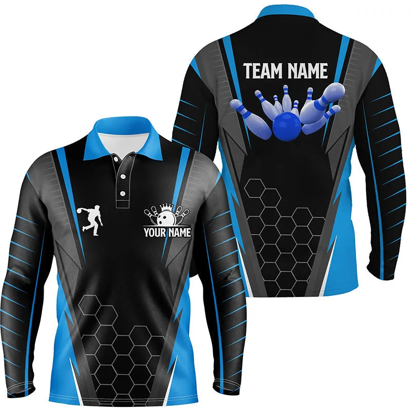 Black And Blue Pattern Bowling Long Sleeve Polo Shirts For Men, Custom Team Bowling Jerseys For Men Bowlers