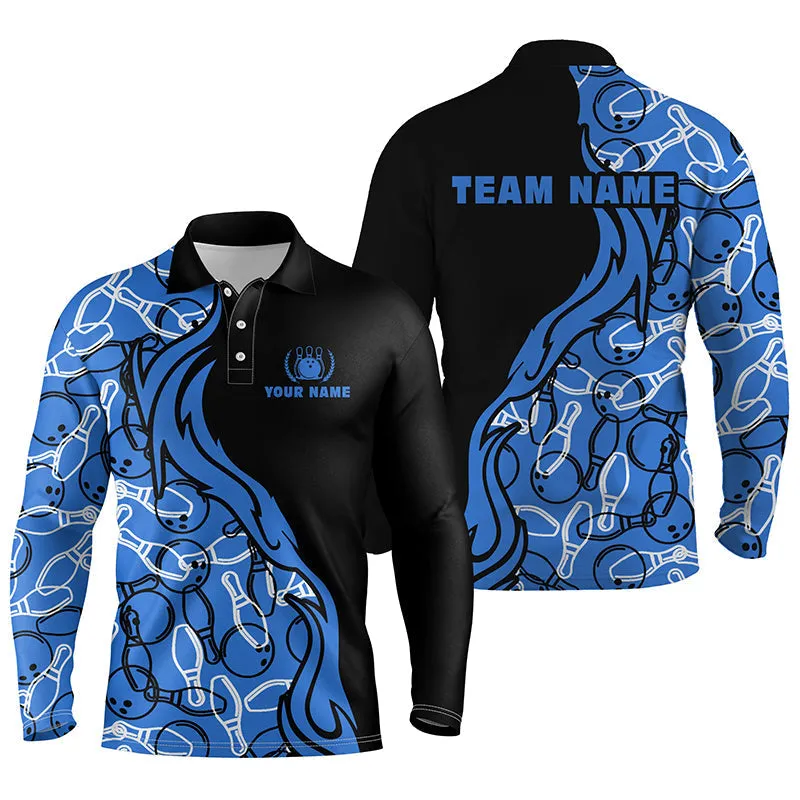 Black And Blue Pattern Bowling Long Sleeve Polo Shirts For Men, Custom Team Bowling Jerseys For Men Bowlers