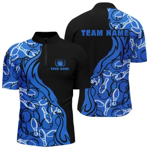 Black and blue pattern bowling Quarter Zip shirts for men, custom team bowling jerseys for men bowlers