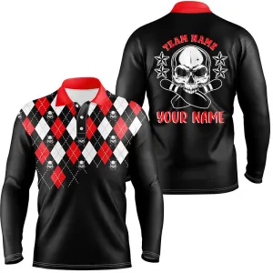 Black And Blue Red Argyle Pattern Bowling Skull Custom Bowling Long Sleeve Polo Shirts For Men, Bowling Jerseys