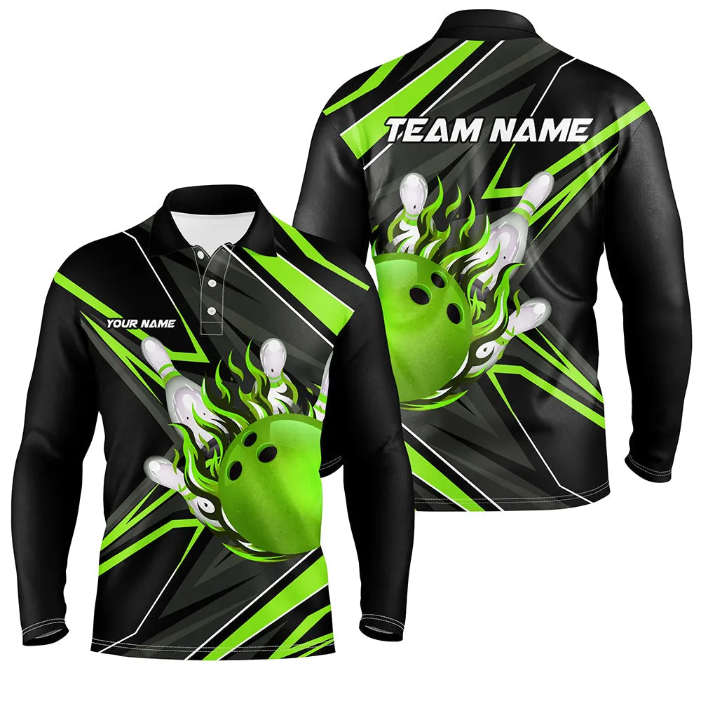 Black And Multicolor Men Bowling Long Sleeve Polo Shirt Custom Bowling Ball Pins Flame Bowling Jerseys For Bowler