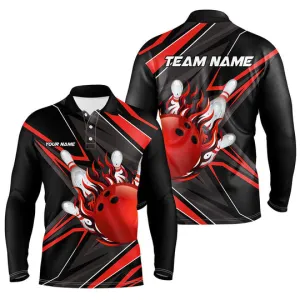 Black And Multicolor Men Bowling Long Sleeve Polo Shirt Custom Bowling Ball Pins Flame Bowling Jerseys For Bowler