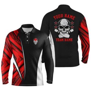 Black And Red Camo Custom Camo Bowling Long Sleeve Polo Shirts For Men, Team Skull Bowling Jerseys