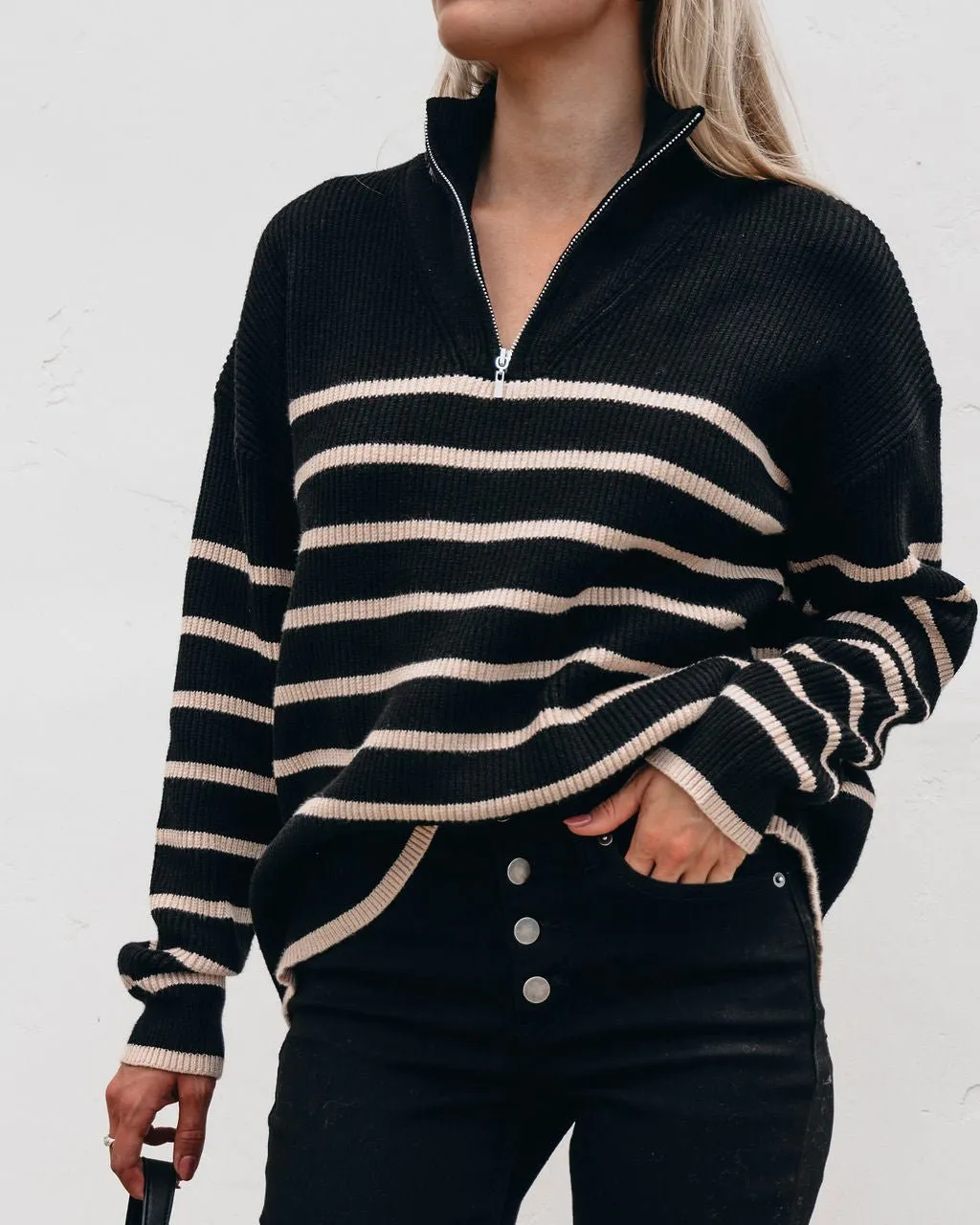 Black and Taupe Striped Zip Up Sweater - FINAL SALE