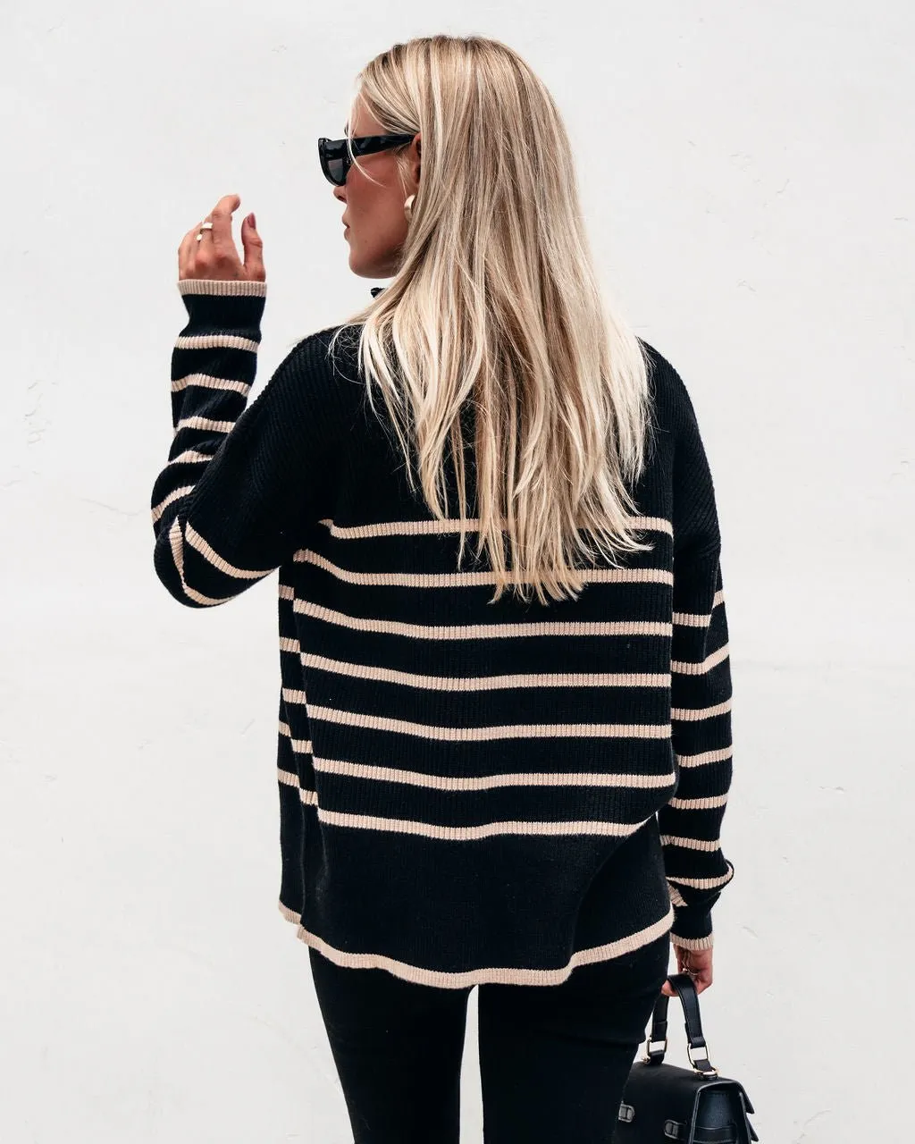 Black and Taupe Striped Zip Up Sweater - FINAL SALE