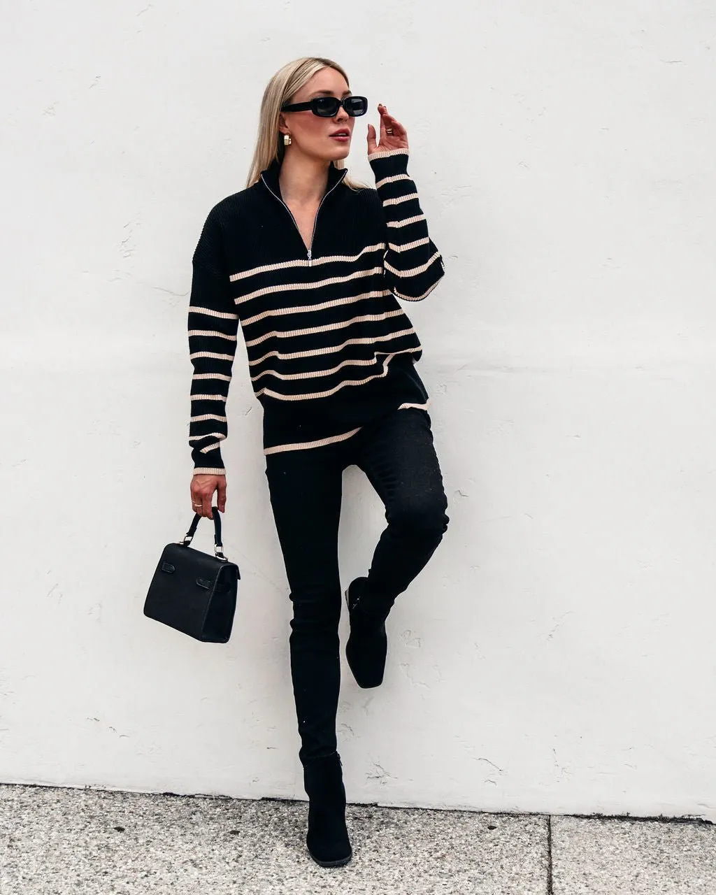 Black and Taupe Striped Zip Up Sweater - FINAL SALE