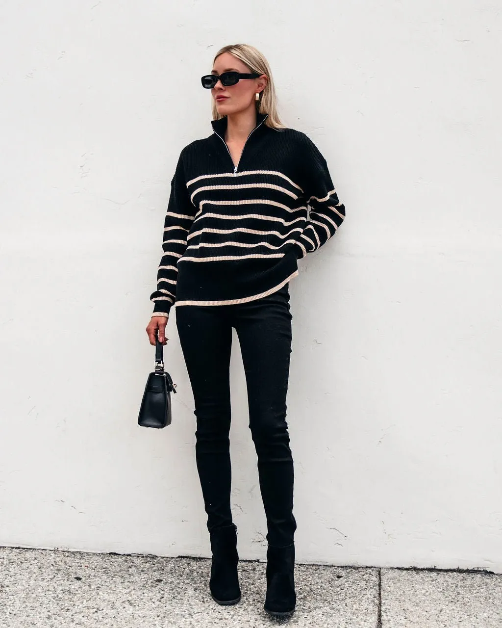 Black and Taupe Striped Zip Up Sweater - FINAL SALE