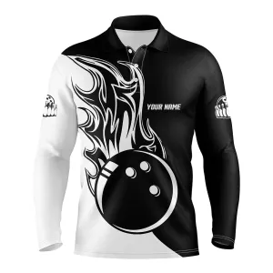 Black And White Bowling Ball Fire Men Bowling Long Sleeve Polo Shirts Custom Men Bowling Team Jerseys