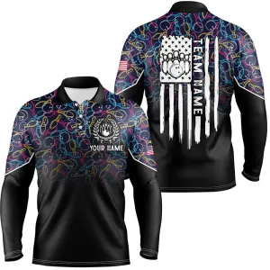 Black Bowling Camo Mens Long Sleeve Polo Bowling Shirts Custom American Flag Patriotic Bowling Team League Jerseys