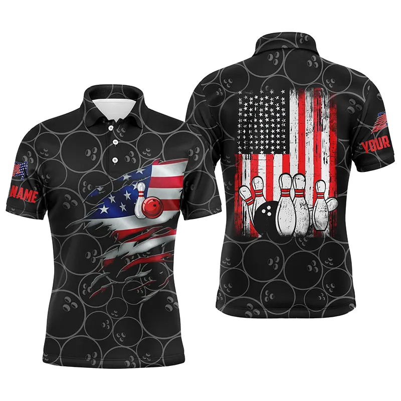 Black Bowling Long Sleeve Polo Shirts For Men Custom Name Vintage American Flag Bowling Jerseys