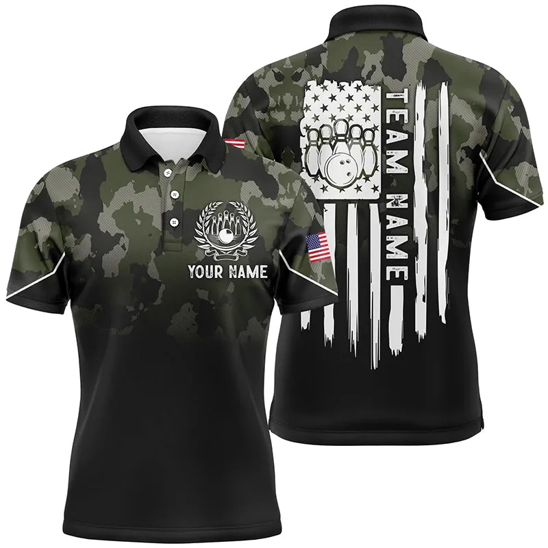 Black Green Camo Mens Polo Bowling Shirts Custom American Flag Patriotic Bowling Team League Jerseys