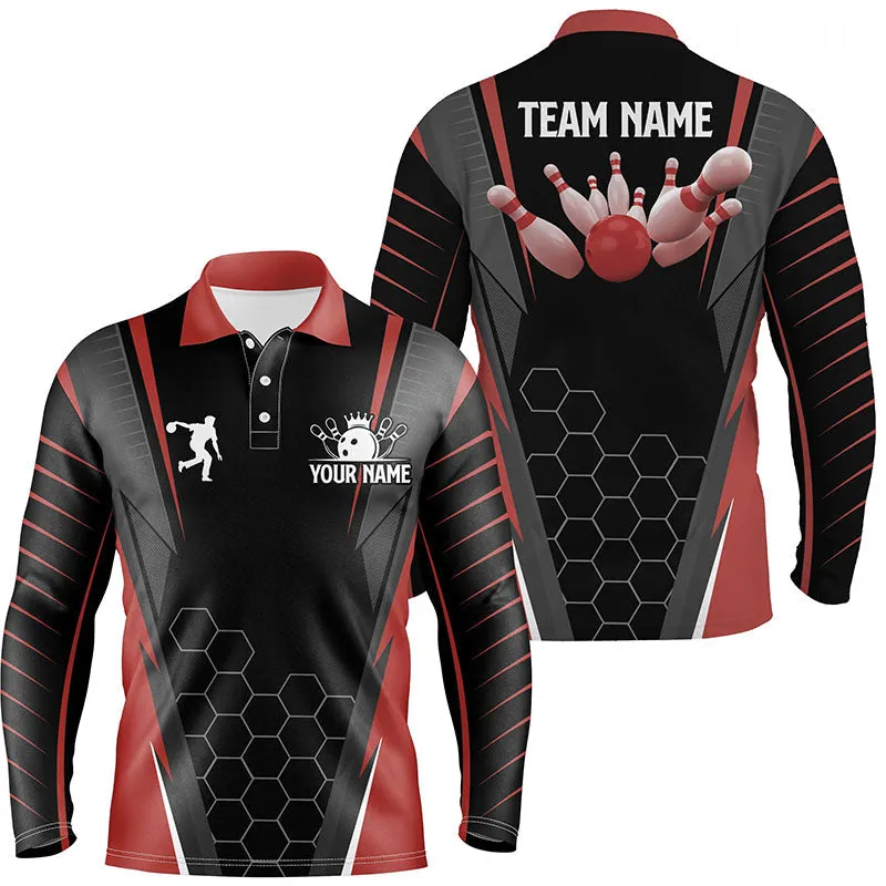 Black Men's Multicolor Hive Long Sleeve Bowling Polo Shirt Custom Name Mens Bowlers Jersey, Team Bowling Outfits