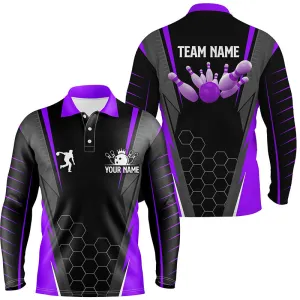 Black Men's Multicolor Hive Long Sleeve Bowling Polo Shirt Custom Name Mens Bowlers Jersey, Team Bowling Outfits