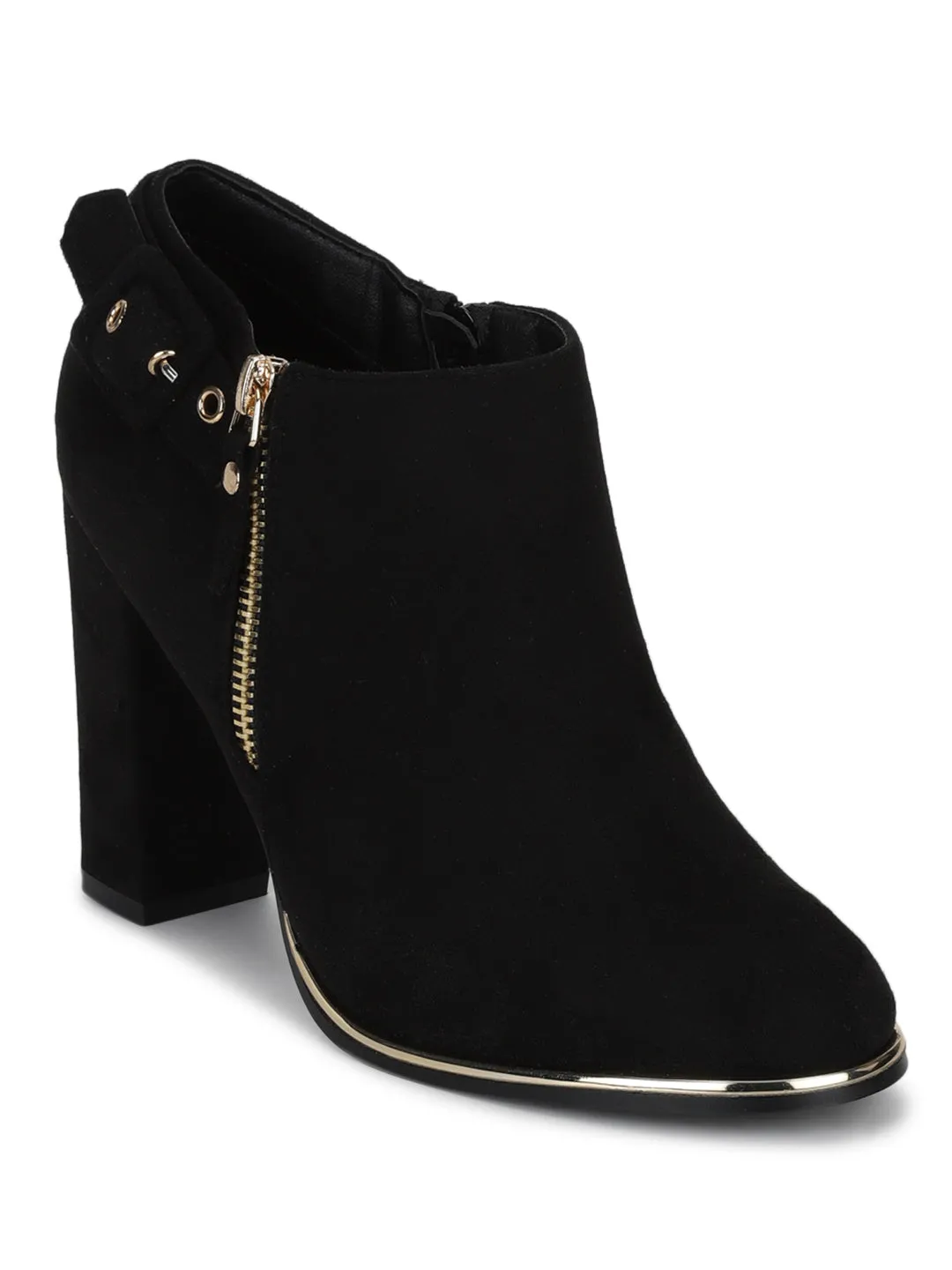 Black Mircro Zipper with Buckle Block Heel Ankle Boots