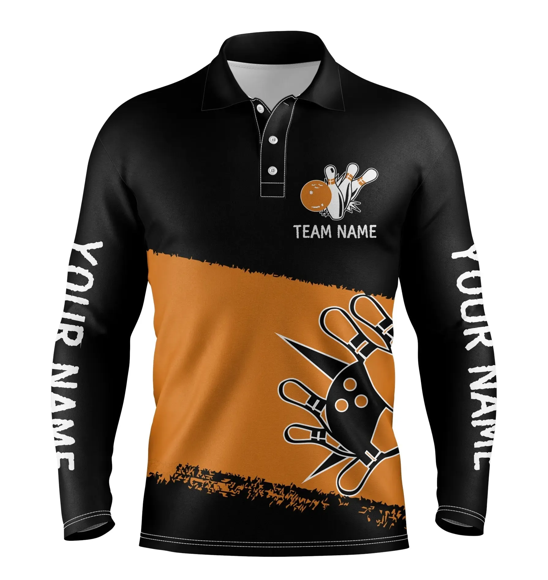 Black Orange Bowling Balls And Pins Custom Team Bowling Long Sleeve Polo Shirts For Men, Team Bowling Jerseys