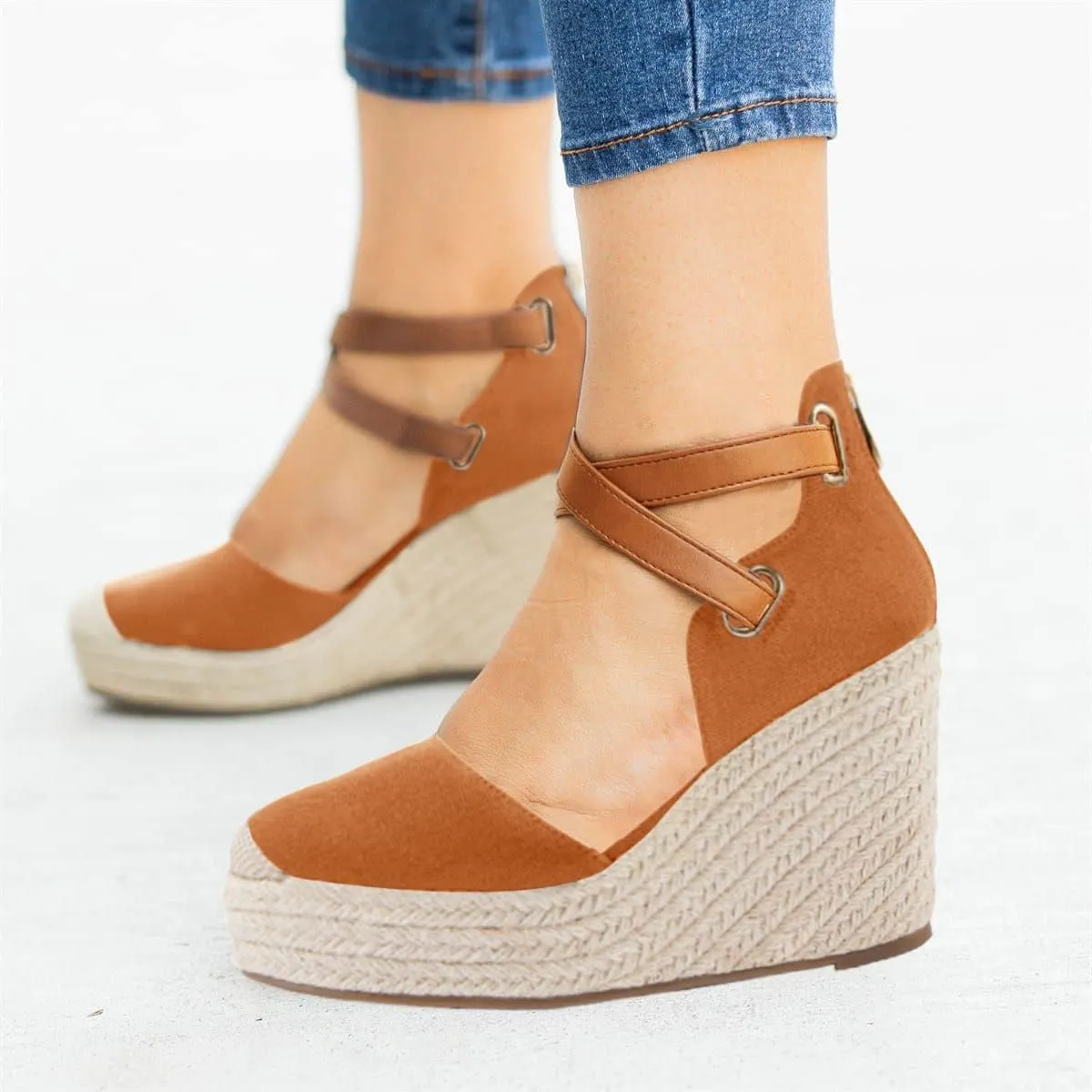 Black Suede Wedge Ankle Strap Closed Toe Sandals