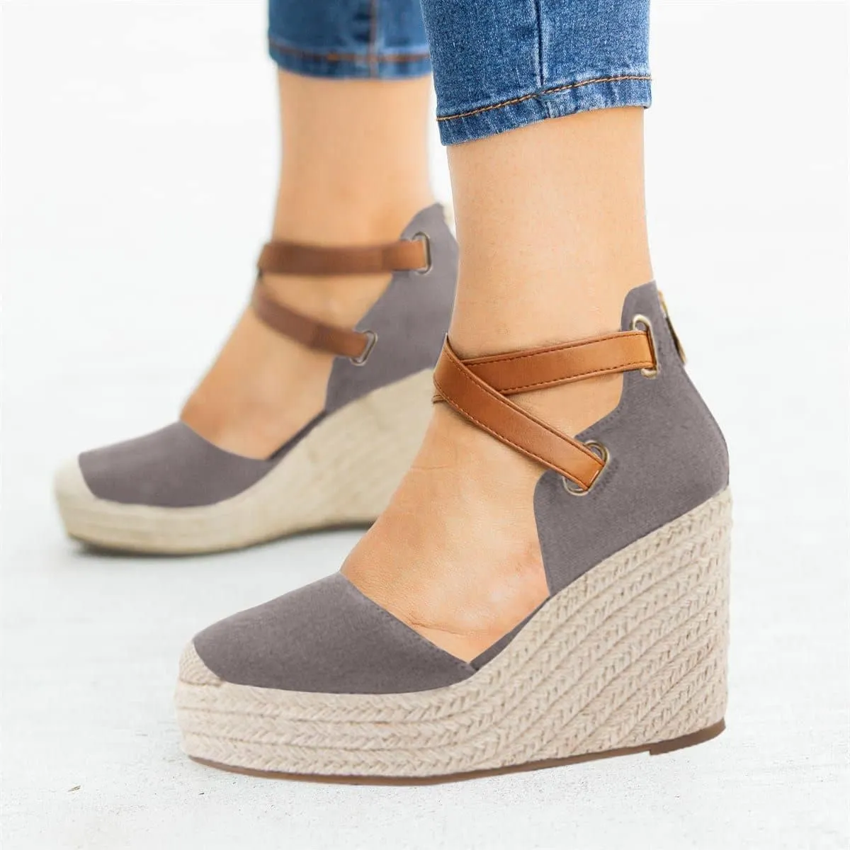 Black Suede Wedge Ankle Strap Closed Toe Sandals