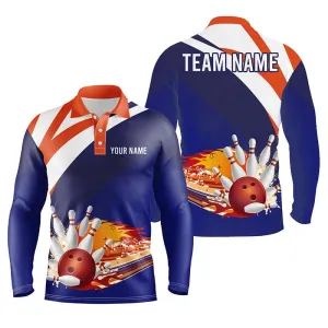 Blue And Orange Men's Bowling Long Sleeve Polo Shirt Custom Name Men Bowlers Jersey, Team Bowling Gifts