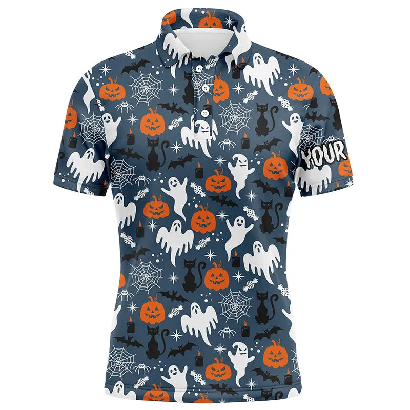 Blue Cartoon Halloween Seamless Mens Golf Polo Shirts Funny Golf Shirts For Men Golf Gifts