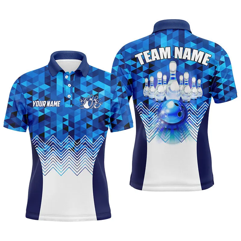 Blue Geometric Pattern Bowling Ball And Pins Custom Men Bowling Long Sleeve Polo Shirts, Team Bowling Jersey