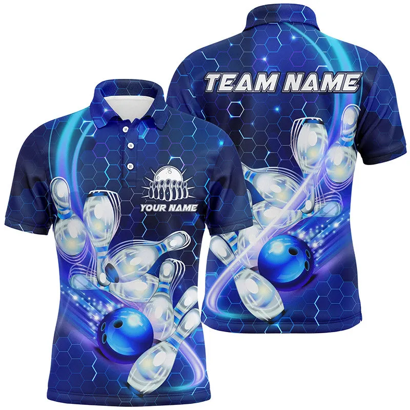 Blue Light Bowling Ball Pins Hexagon Pattern Customized Name And Team Name 3D Shirt, Gift for Bowler