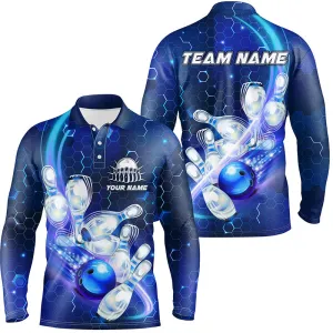 Blue Light Bowling Ball Pins Hexagon Pattern Customized Name And Team Name 3D Shirt, Gift for Bowler